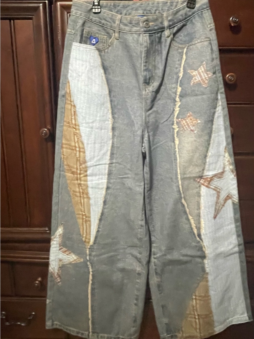 NWOT Aelfric Eden Patchwork Star-Accent Wide Leg Women’s Jeans - Blue/Brown